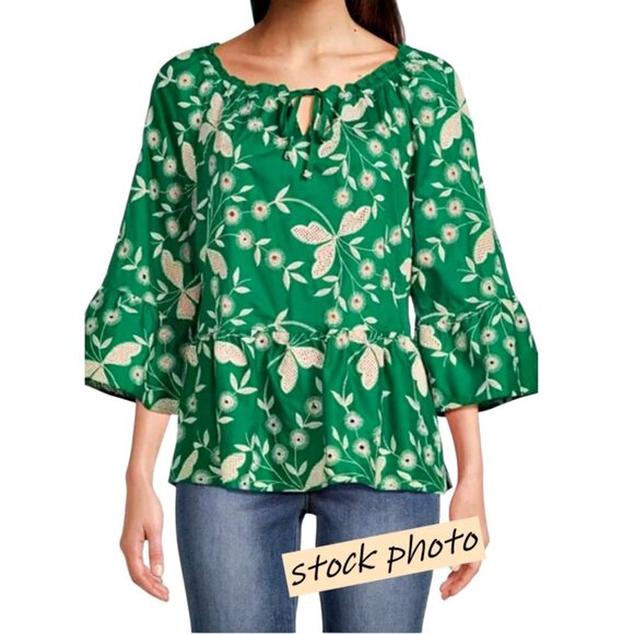 John Mark Embroidered Tunic Top Blouse Sz XL Kelly Green White Bell Sleeve BOHO - Picture 1 of 13